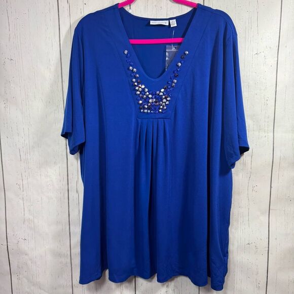Susan Graver Blue Embellished Tunic Top 3X Plus Size V Neck Jeweled Blouse Glam - Picture 1 of 13